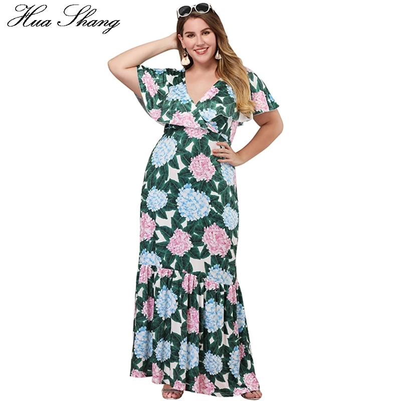 

Green Floral Print Boho Dress Plus Size Women Summer Ruffles V Neck Short Sleeve Maxi Long Dresses Slim Ladies Tunic Beach Dress
