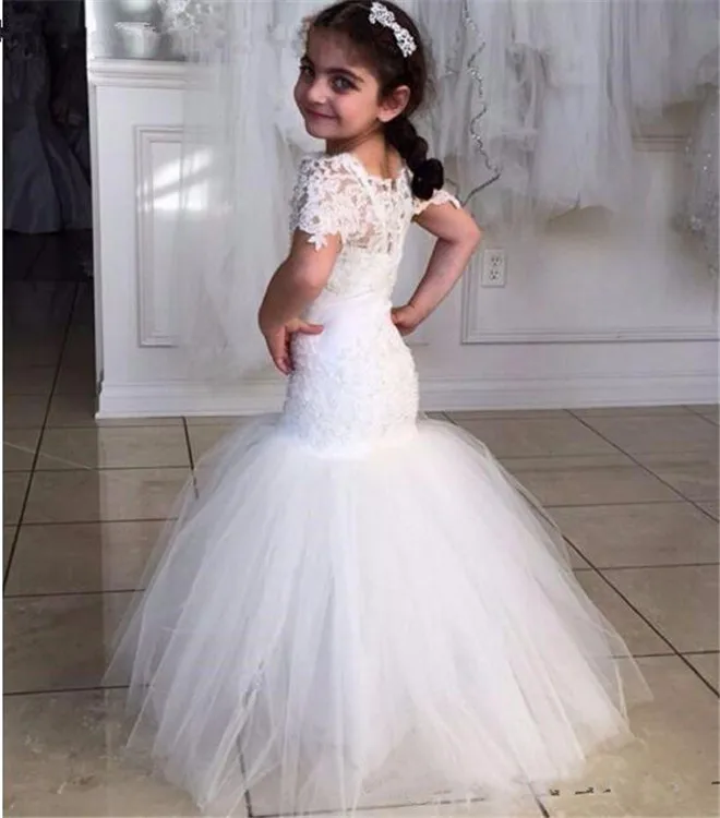 Elegant White Flower Girl Dress for Wedding Lace Up Back Mermaid Floor Length Kids Girls Dresses Pageant Gown Custom Made Size - Цвет: Белый