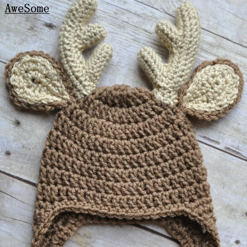 Lovely Moose Earflap Hat,Handmade Knit Crochet Baby Boy Girl Reindeer