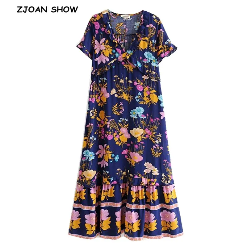 

2019 Bohemian Colored Floral Print Boho Dress V-neck Ruffles Short Sleeve Summer Dresses Loose Chic Women Casual Maxi Dress