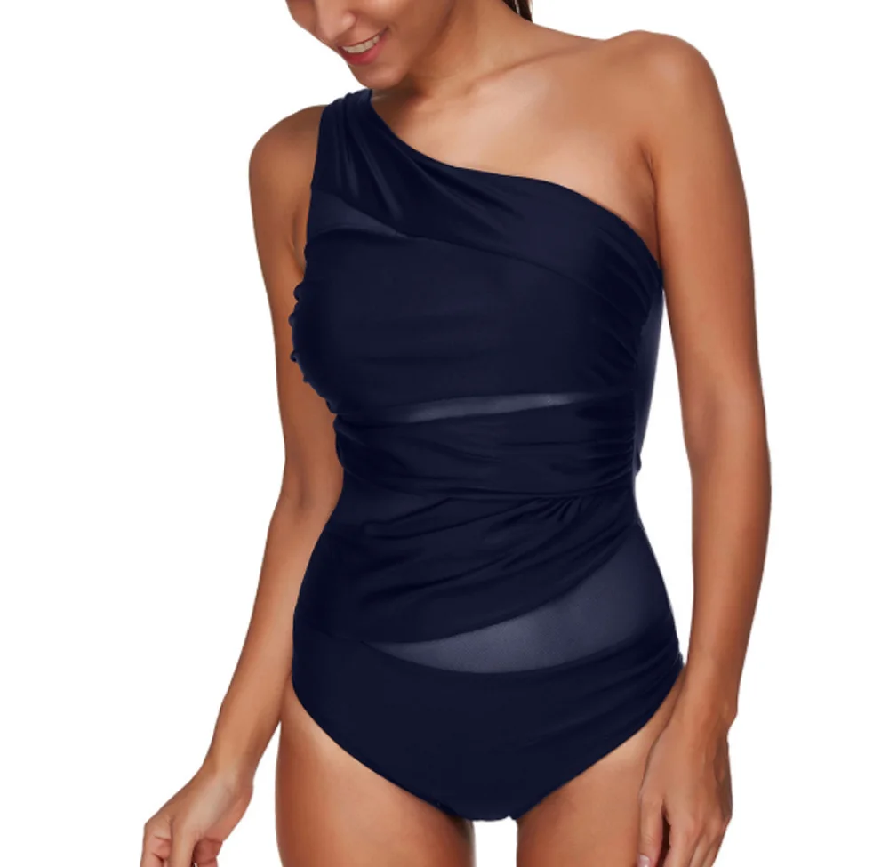 Сексуальный сдельный женский купальник, черный, с вырезами, летняя пляжная одежда, кружевной купальник на одно плечо, купальный костюм размера плюс 3XL - Цвет: Синий