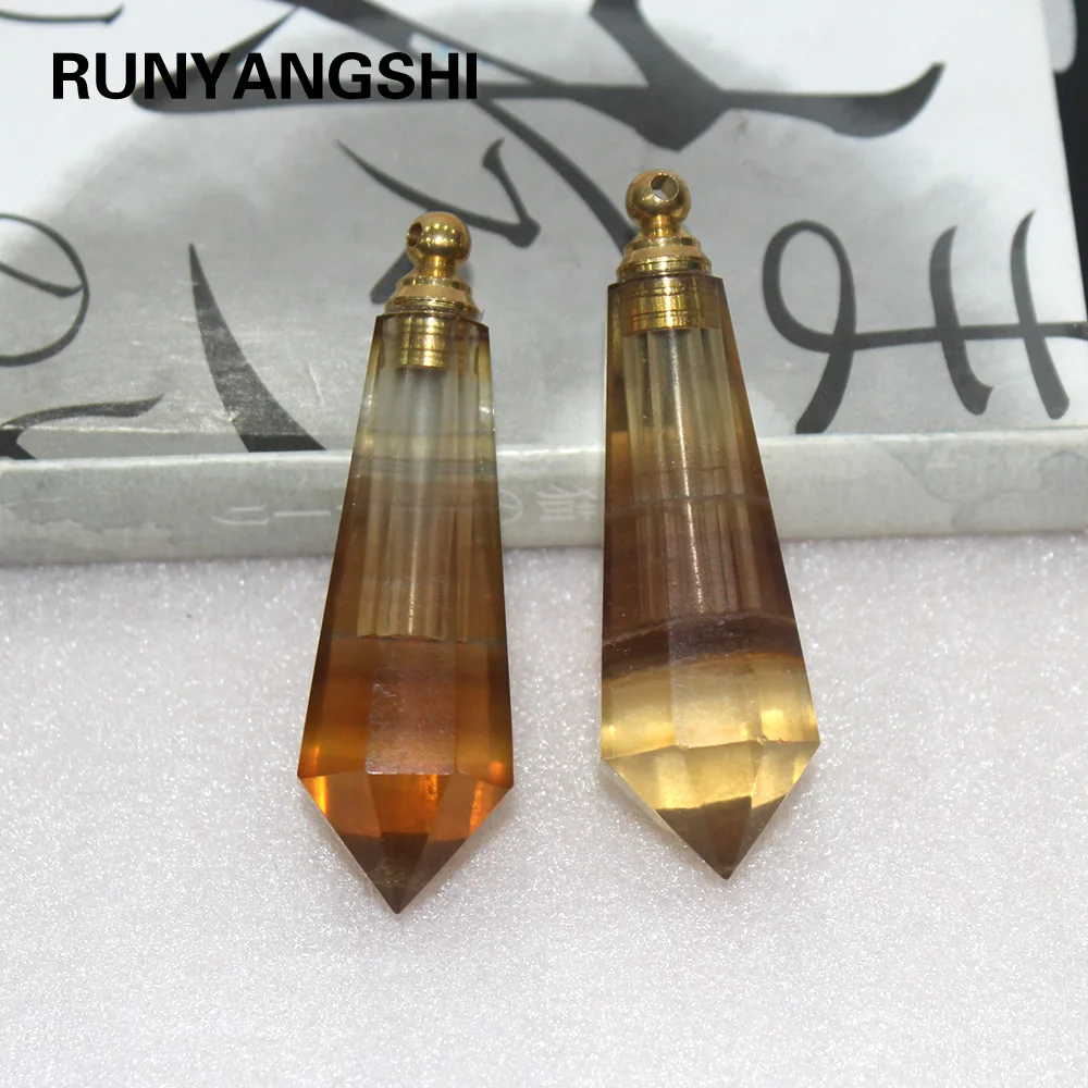 

Natural Yellow fluorite crystal stone perfume bottle Pendant Essential oil bottle Necklace Pendulum crystal point