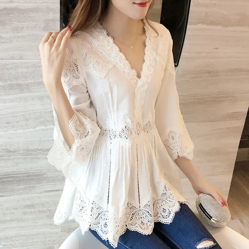 

Lace Blouse Women Fashion Three Quarter 3/4 Bell Flare Sleeve Deep V-Neck White Cotton Tops Elegant Lady Hollow Out Lace Shirt