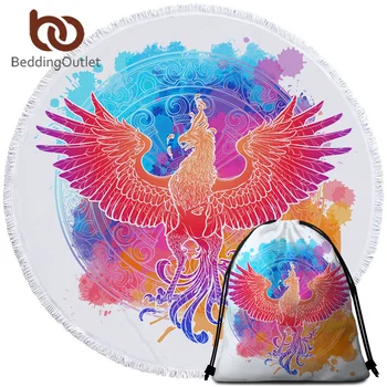 

BeddingOutlet Phoenix Nirvana Beach Towel Mythycal Bird Round Towel With Drawstring Bag Watercolor Beach Mat Colorful Tapestry