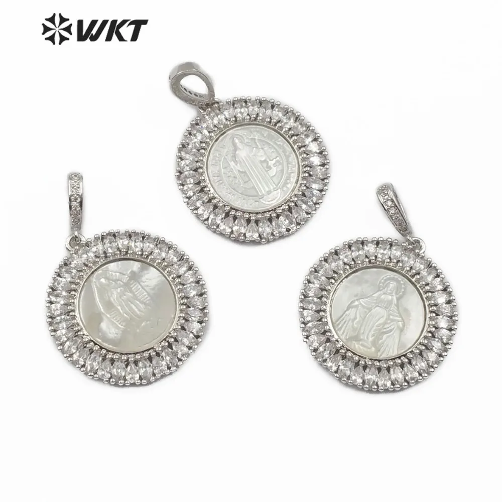 

WT-MP116 WKT shiny cubic zirconia around micro-set white shell De Guadalupe Blessed Virgin Saint Benedict Medallion pendant