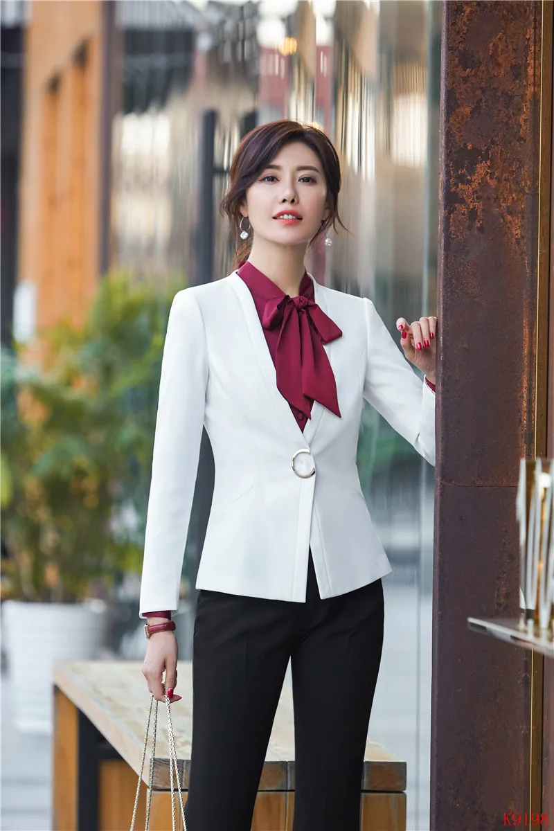 Модный Белый Блейзер Женский деловой костюм и куртка наборы рабочая одежда женский офисный униформенный стиль OL