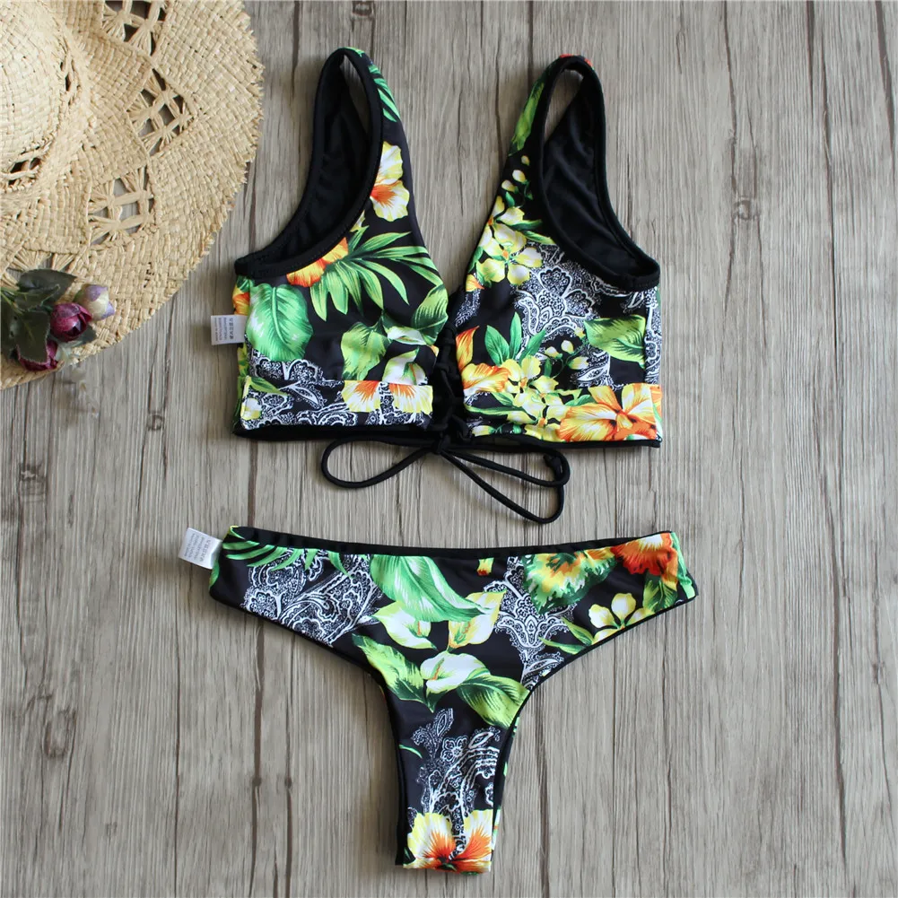 

Bikini Set Women Sexy Lace Up Ribbed Floral Bikini Low Waist Wire Free Straps Beach Brazilian Bathing Suits Monokini Swim Suit