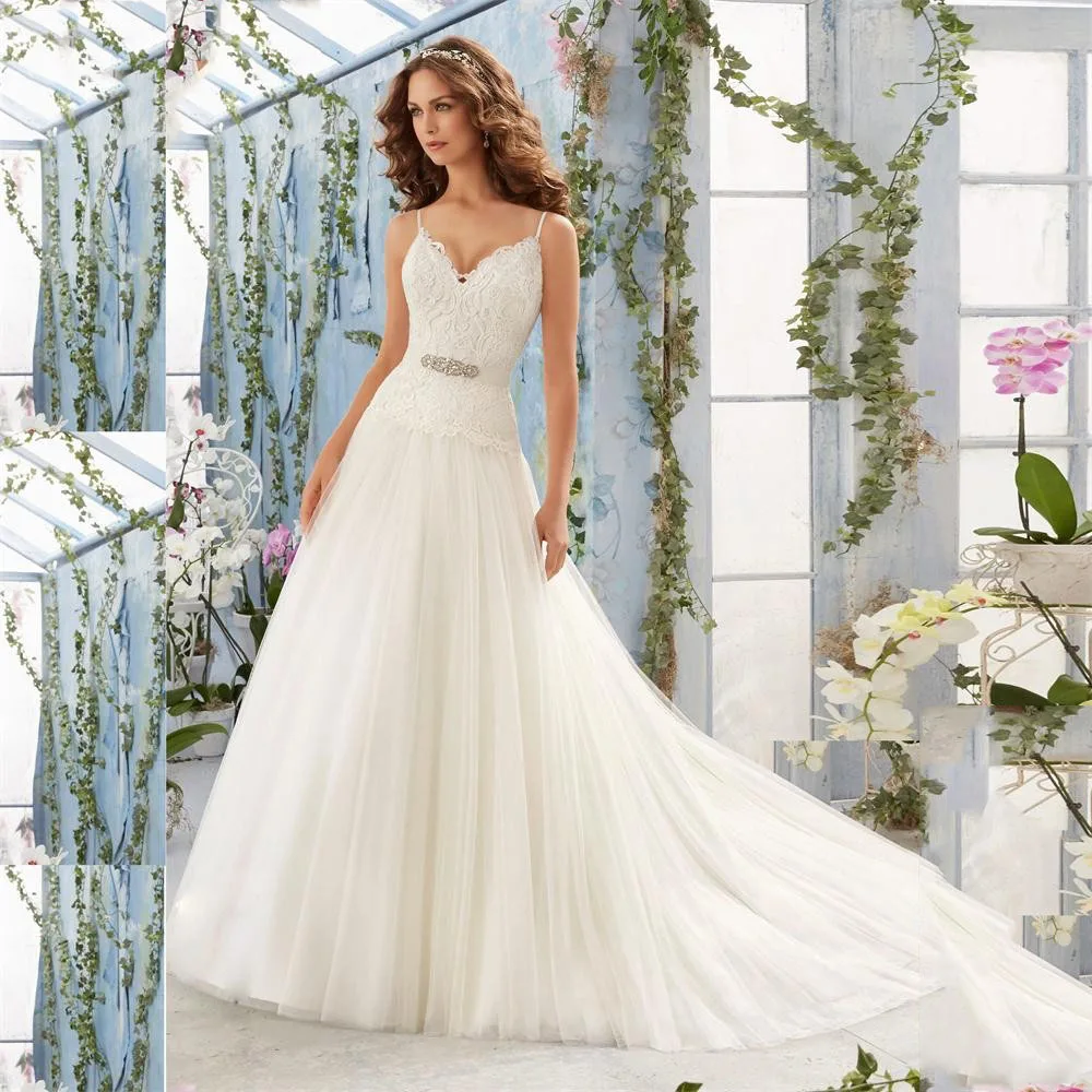 MH16787 Spaghetti Strap A Line Cheap Wedding Dresses Tulle Applique Bridal Gown White Robe De Mariage 2017 Trouwjurk | Свадьбы и