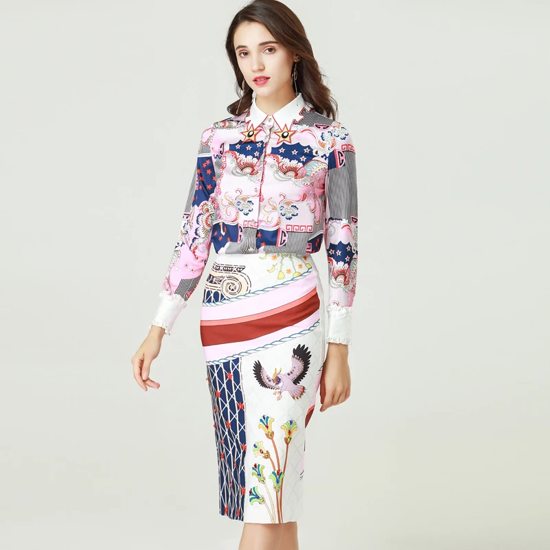 High quality new designer Fashion Two Pieces Set Women's Long Sleeve Embroidery Shirt and Printed Skirt Casual Shirt Sets Suits