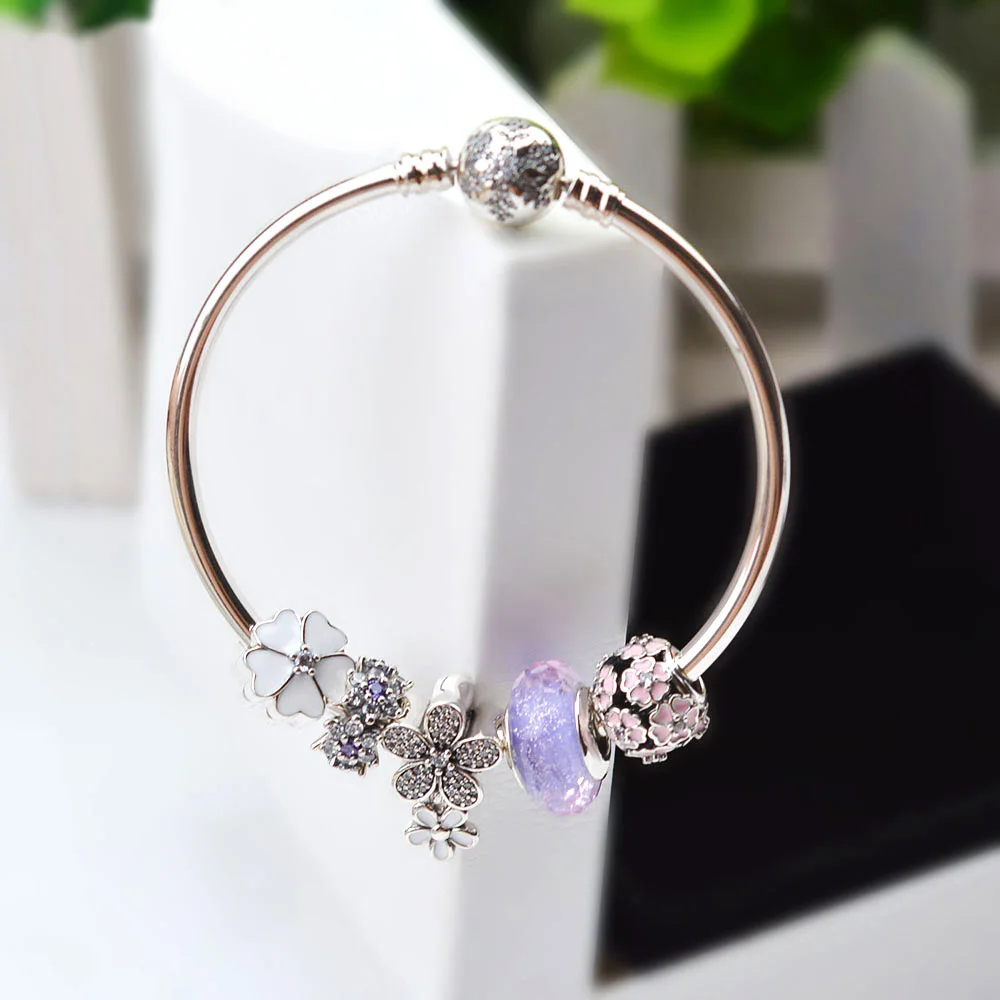 

NEW NEW 100% 925 Sterling Silver Bracelet Set For Europe Women Spring Purple Flowers DIY Gift Original Bangle Charm Jewelry