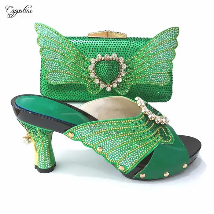 

New coming green party sets matching shoes and evening bag set with stones 1165-2 heel height 9cm