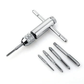 

T-Handle Ratchet Tap Wrench with 5pcs M3-M8 Durable 3-8mm Machine Screw Thread Metric Plug Tap Machinist Hand Tool