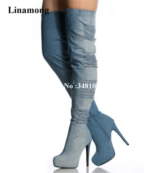 

Patchwork Denim Women Spring Autumn Long Boots Pointed Patchwork Denim Over The Knee Long Boots Round Toe And Thin Heels Boots
