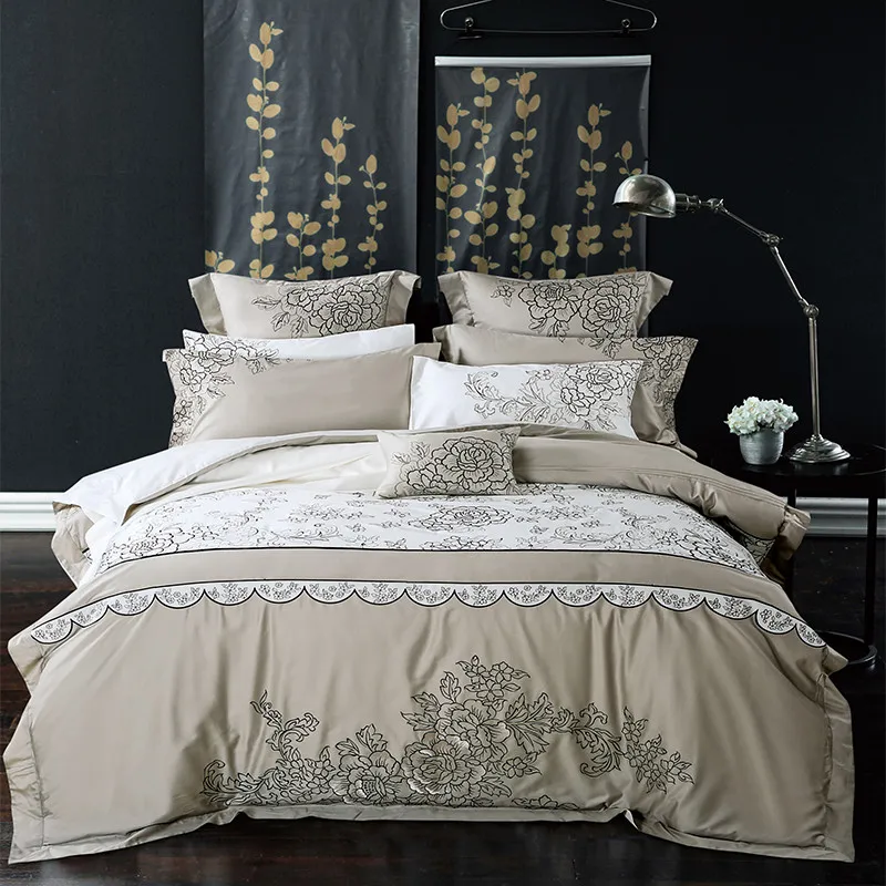 luxury Long Staple Cotton Gray / White Embroidery Bedding Set Duvet Cover Bed Linen Bed sheet Pillowcase King Queen 4/6/8/9pcs