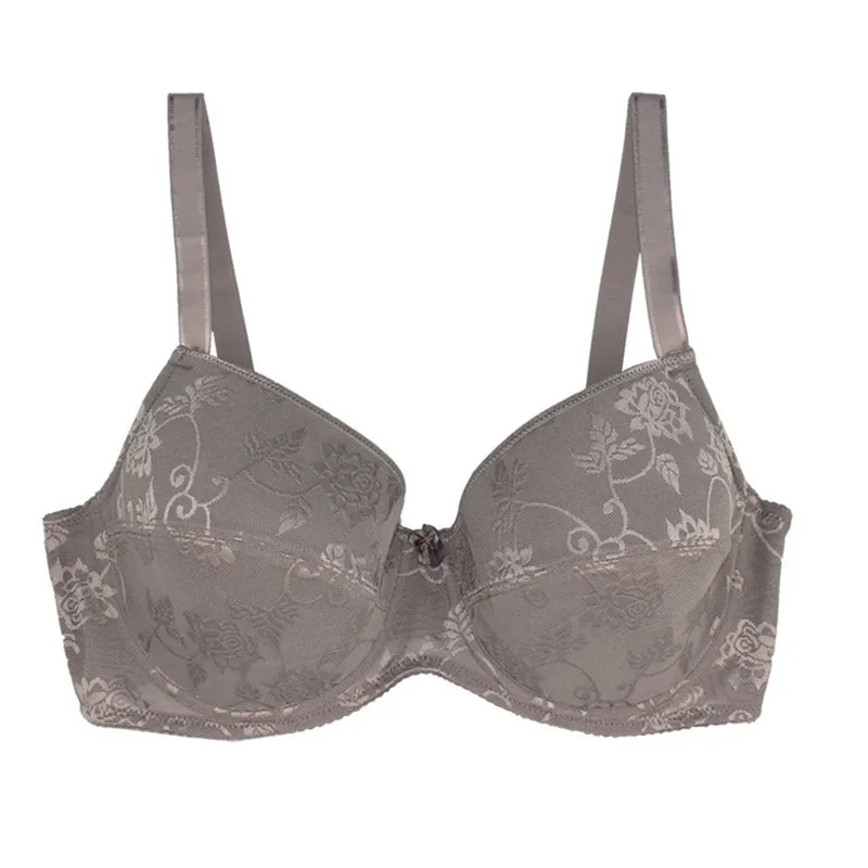 MiaoErSiDai Women Bra Big Size Full Coverage Flower Printing Breathable Underwear Black/Gray #113B