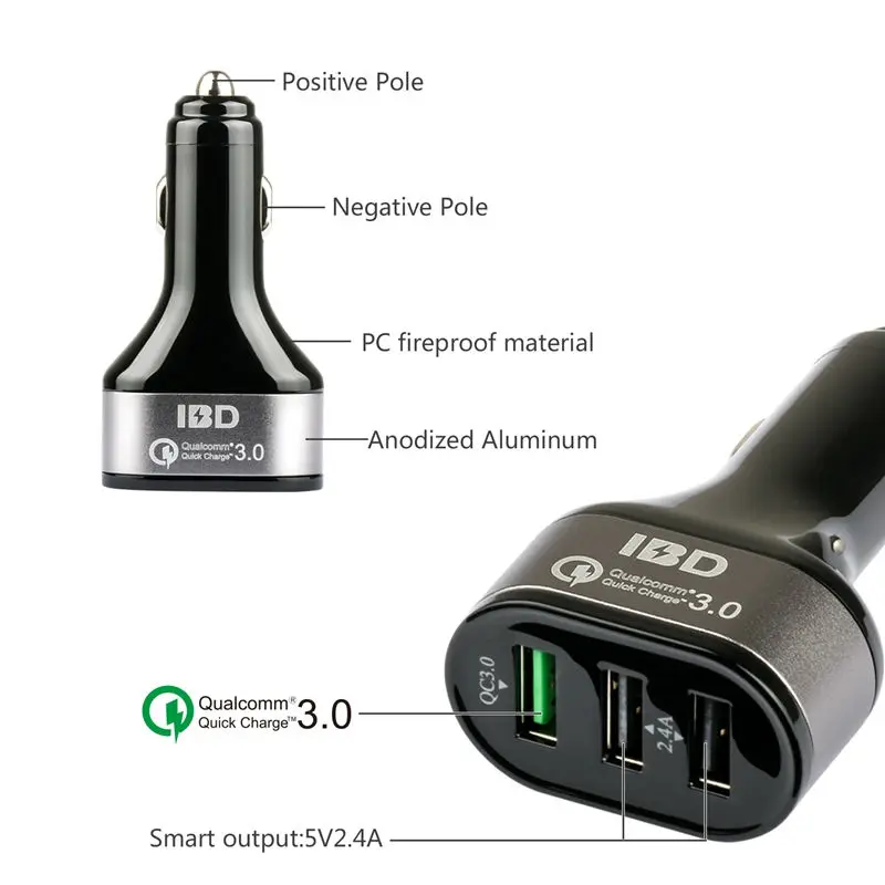 IBD Car 1 usb Quick Charge 3.0 Port and 2 smart usb ports and Micro-USB Cable for LG G5, Samsung,Nexus 6P, iPhone