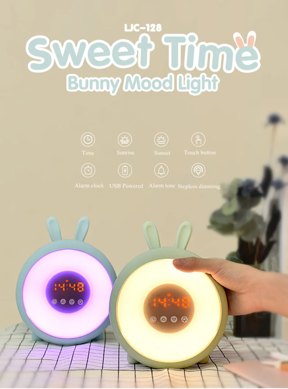 Bunny Alarm Clock with Touch Sensor Colorful LED Night Light Sunrise Sunset Modes Stepless Dimming Rabbit Bedroom Bedside Lamp (1)