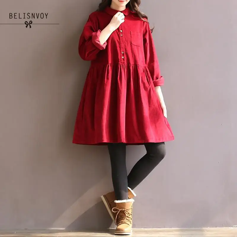 Beste Robe Femme Hoge Kwaliteit Herfst Winter Vrouwen Corduroy Jurk Lange Mouwen Mori Meisje Peter Pan Kraag Vintage Jurk Vestidos