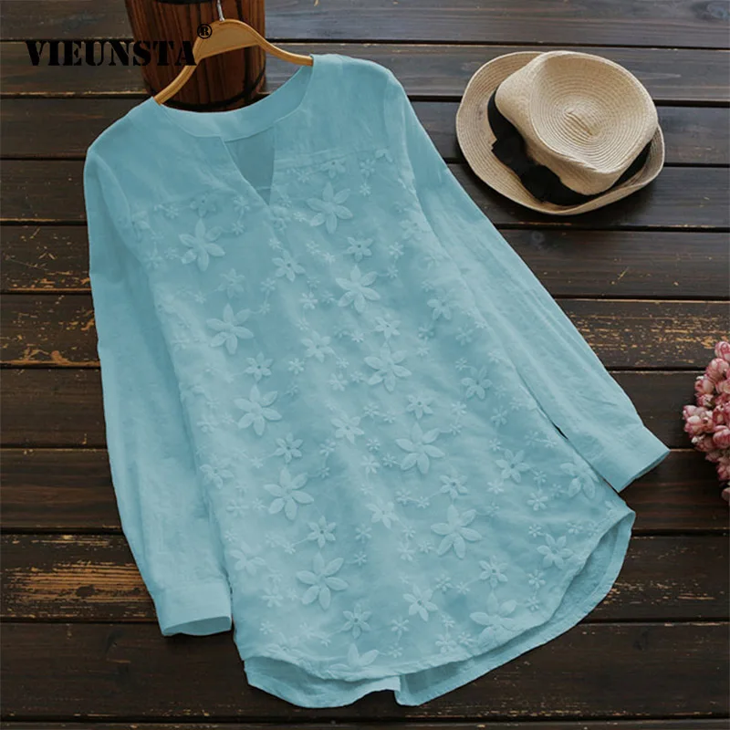 

VIEUNSTA Summer Women Elegant V Neck Long Sleeve Loose Cotton Linen Top Party Shirt Casual Vintage Embroidery Work OL Blouse 5XL