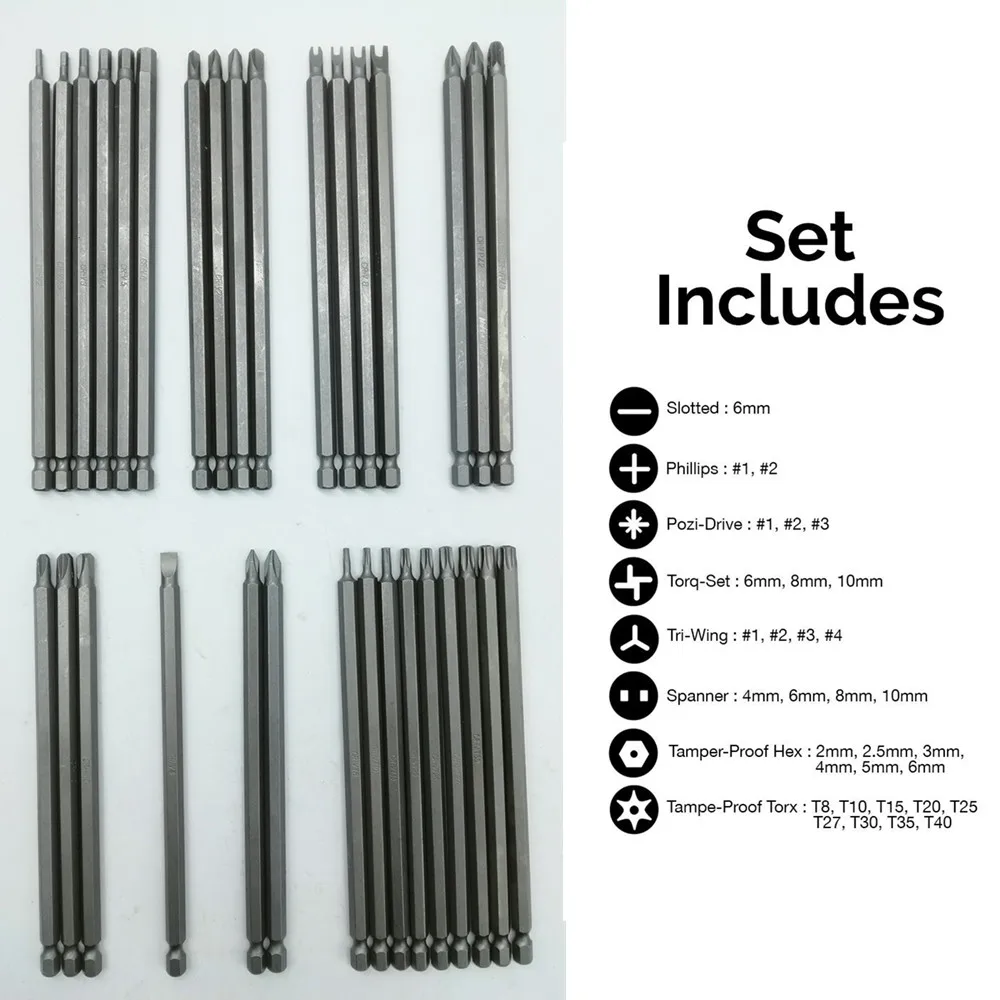 32PC Extra Long Security Power Bit Set 6" 150mm Length 1/4" Shank Tamperproof Torx CR-V