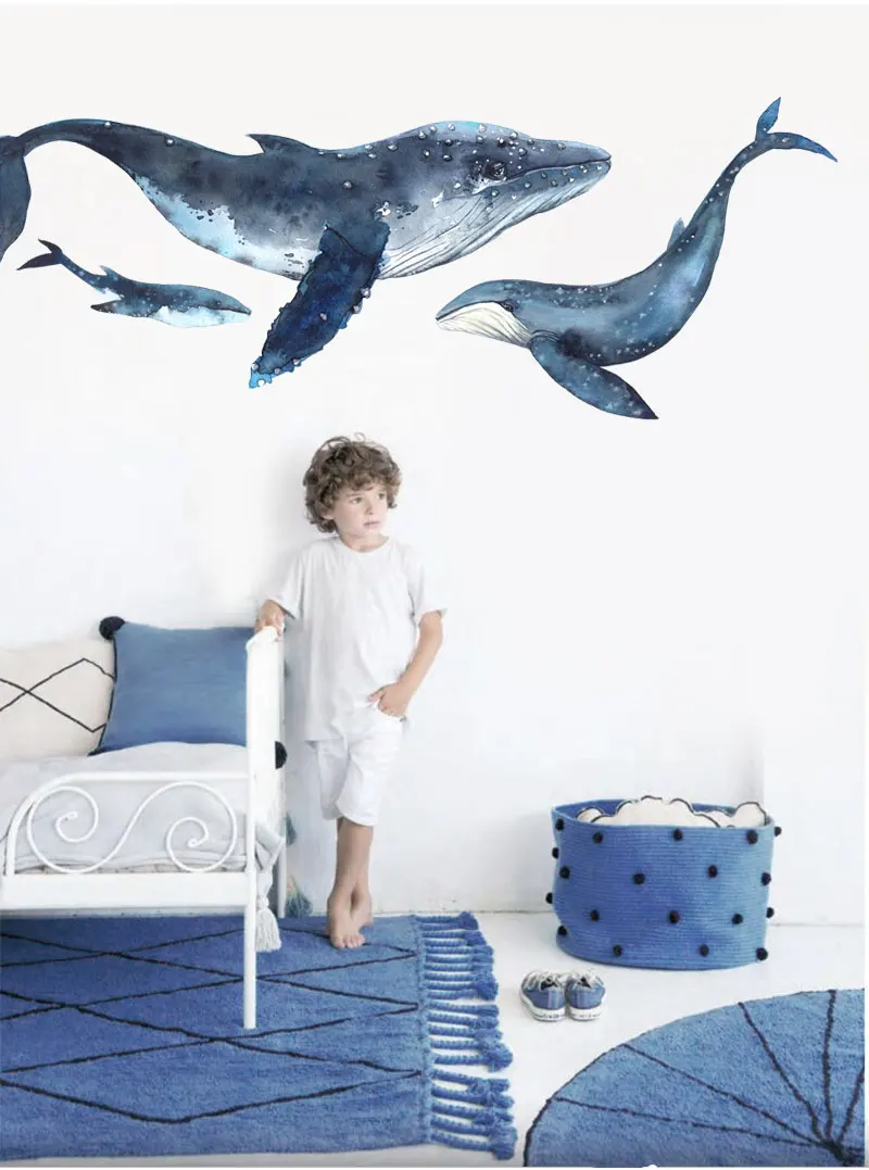 Рыба настенные морские стикеры животные синяя живопись акварельный Принт плакат наклейка Скандинавский современный дом гостиная детская комната