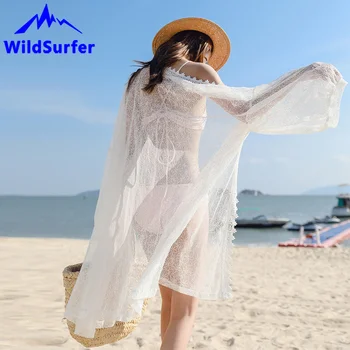 

WildSurfer Summer Swimsuit White Lace Hollow Crochet Bikini Mesh Cover Up Women Sunscreen Top Beach Wear Women Fishnet Swimsuit