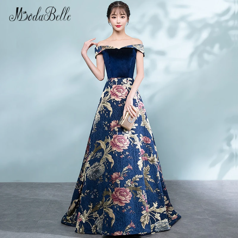 Modabelle Vestidos de Fiesta terciopelo con estampado Floral, vestido de fiesta de noche hombros, línea A, Abiti, Eleganti Da Sera, 2018|Vestidos de graduación| - AliExpress