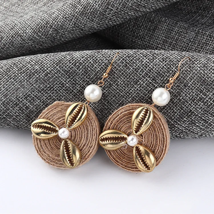 

Bohemian Vintage Personality Hemp Rope Woven Handmade Earrings Long Exaggerated Shell Pearl Earrings Wholesale