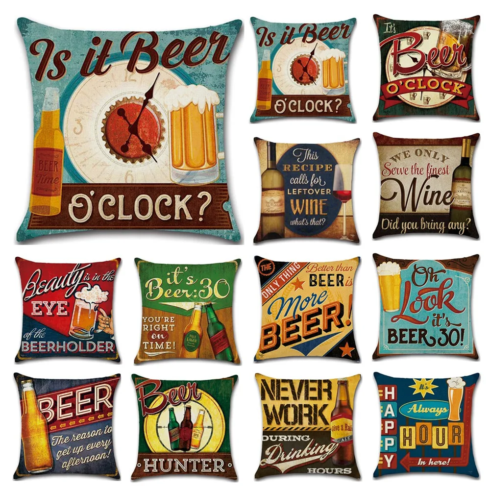 

Cartoon Anime Letter Cushion Cover Set British Retro Beer Bottle Printing Linen Pillowcase Car Sofa Bar Farmhouse Home Decor