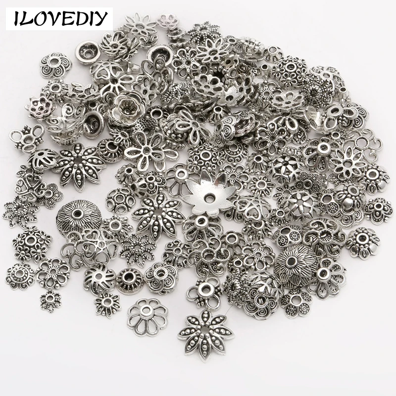 

ILOVEDIY 150pcs/lot Zinc Alloy Antique Silver plated color Bead Caps Fit Jewelry Findings Making End Caps (4-15mm) Wholesale