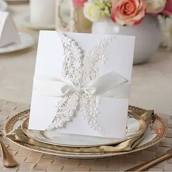 

10pcs/lot White Bow Happy Wedding Party Laser Cut Cards And Wedding Invitations Wholesale Free Shipping
