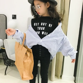 

Girls fake two long-sleeved striped shirt 2018 autumn new girls loose Korean fashion tide