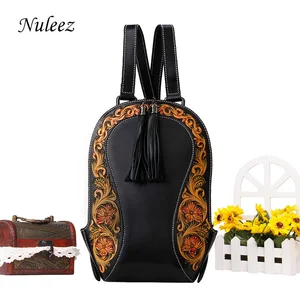 Nuleez Genuine Cowhide Leather Backpack Women Hand Carved Flower Vintage Classic Bag Luxury High Quality New