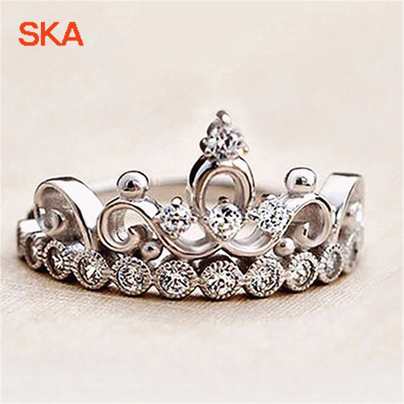 

SKA Ring Girl Bijoux Femme Rings For Women Silver Color Crown Hollow Anillos Mujer Zircon Adjustable Engagement Jewelry JJZ067
