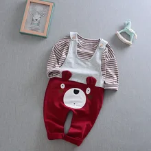 Korean Toddler Boys Clothing Sets Baby Boy Striped Shirt + Cartoon Bear Belt Pants Suit Children Kids 2017 New Spring Clothes