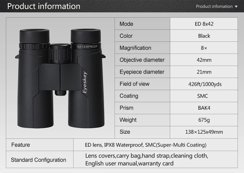 ED 8X42 Eyeskey бинокль IPX8 Водонепроницаемый Профессиональный Кемпинг охотничий телескоп Zoom Bak4 призма оптика с ремень для бинокля