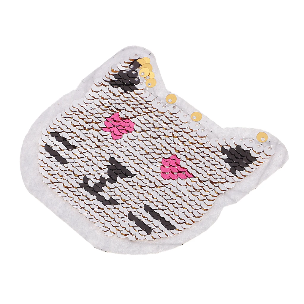 Catoon Cat Reversible Patch Embroidered Iron on Sew on Applique Glitter Sequin for Jeans T-shirts Clothing
