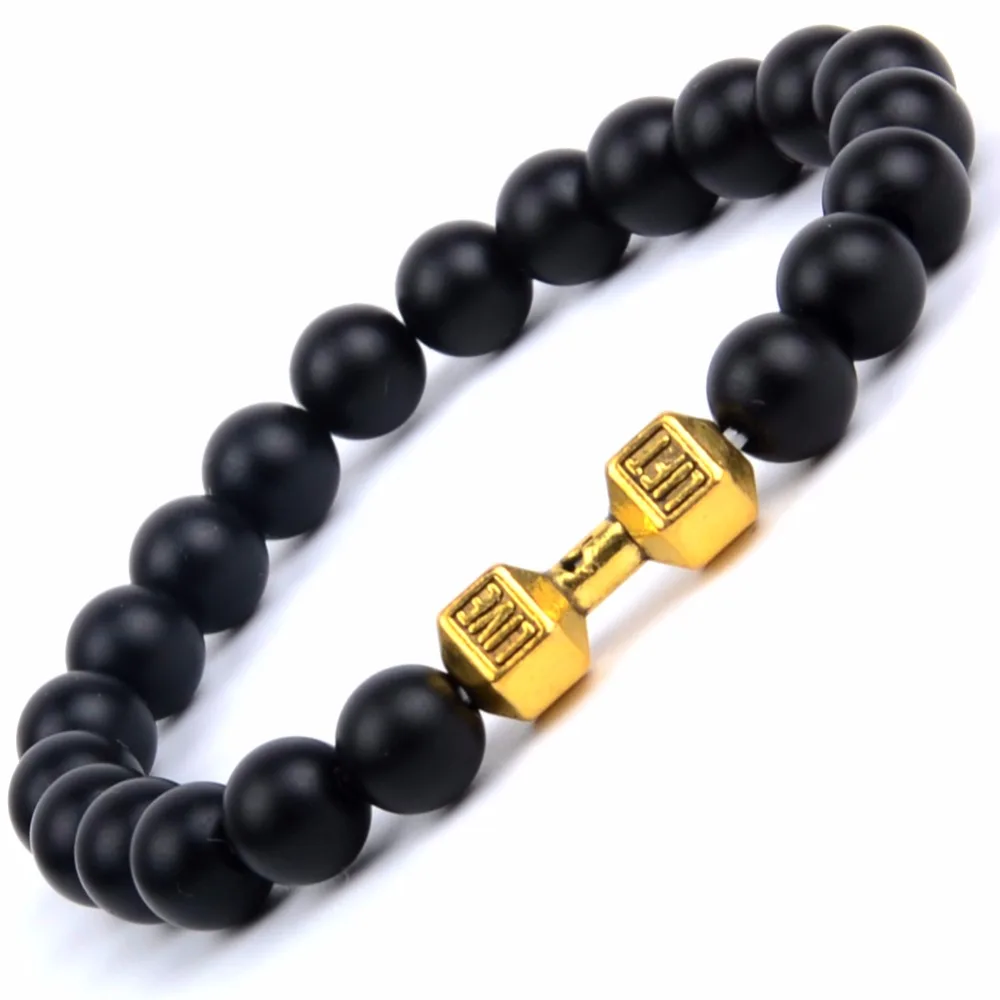 

Natural Stone Matte Black Agates Beaded Bracelets Mens Alloy Barbell Charm Energy Bracelets For Women Fitness Gym Jewellry