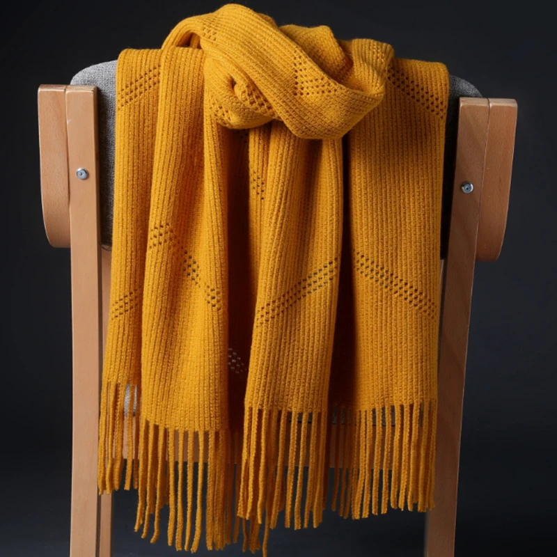 Best Gift Winter Warm Red/Yellow Color Wool Knitting Scarf For Ladies Scarfs Wraps Fashion Pashmina Tassel Female Scarves Wraps