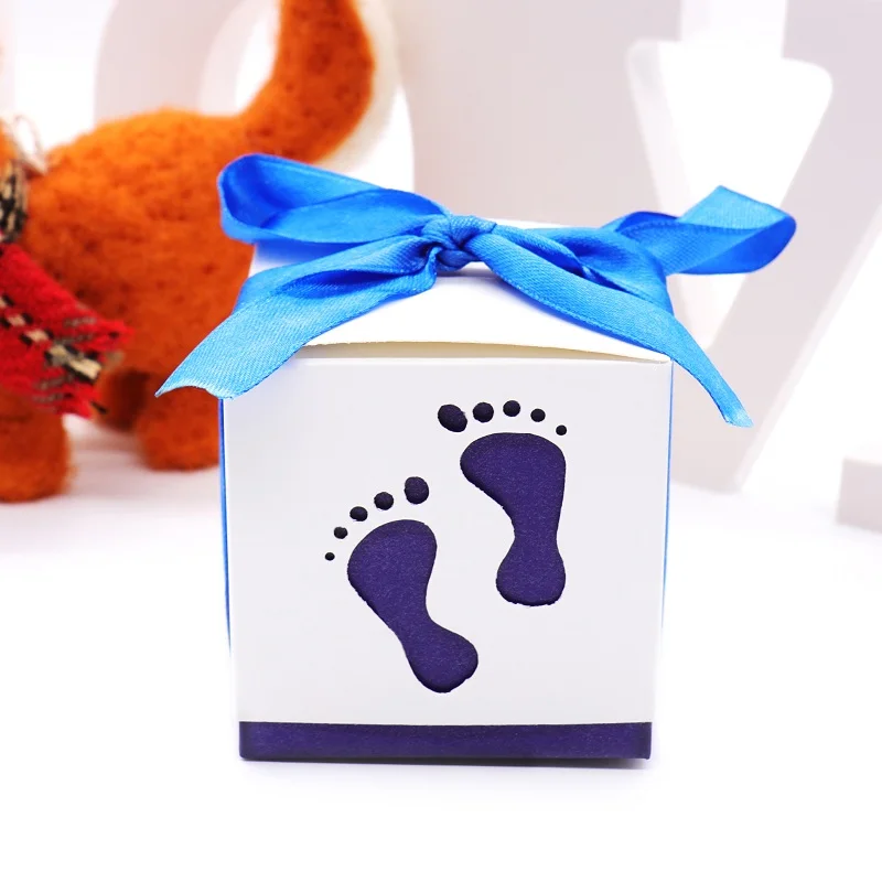 10 шт Детские лапки конфетные коробки мешок для сладостей Baby Shower Footprints на пляже любимая свободная лента для дня рождения свадьбы ребенка подарка - Цвет: dark blue