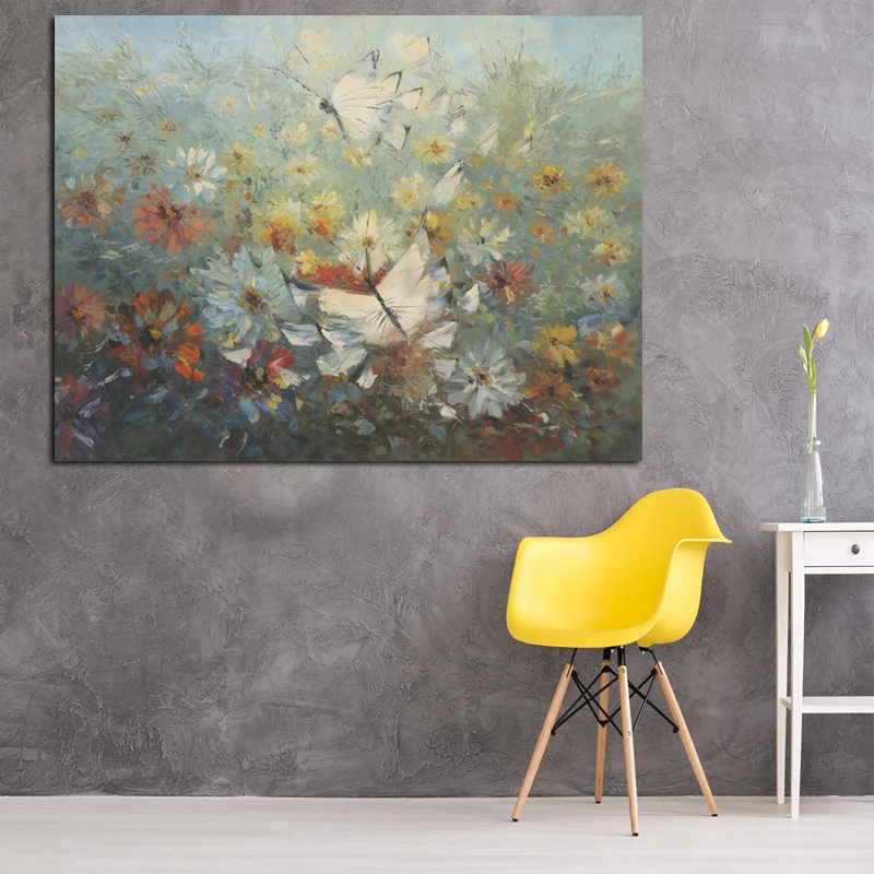 Print Wall Canvas Art Butterflly Flower Field Landscape Artist Oil Painting Poster Impressionist Wall Picture for Living Room