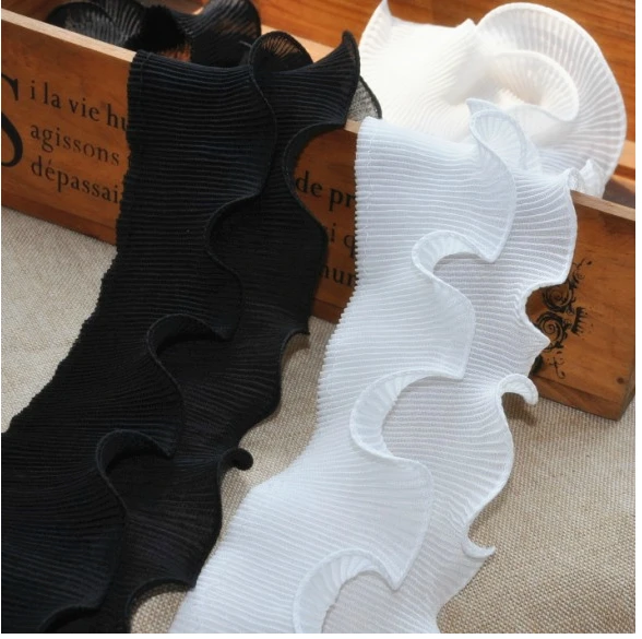 

5Yard/Lot Black cream white Double layer chiffon lace fabric accordion fold rolled edge lace trim dress 6cm material