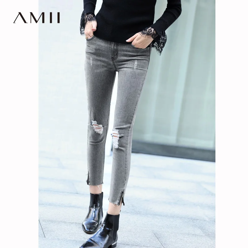 Kopen Amii Vrouwen Minimalistische Denim 2018 Herfst Jeans Chic Button Fly Ripped Skinny Bleekmiddel Wassen Verontruste Vrouwelijke Broek