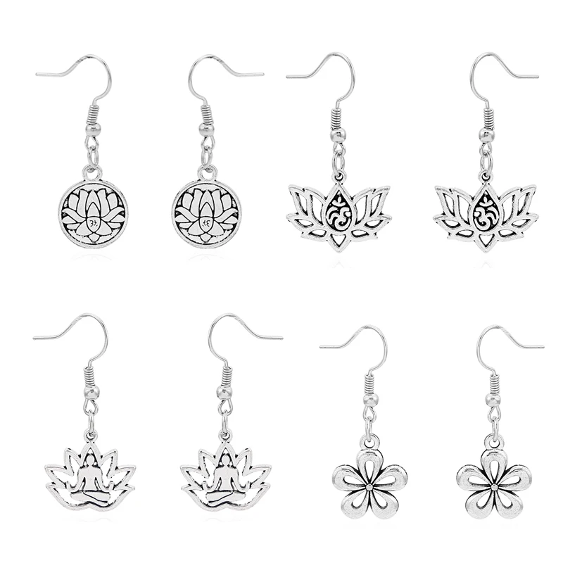 

1 Pair Antique Silver Lotus Flower OM AUM Yoga Charms Pendants Earring Women Jewellery Hook Earring