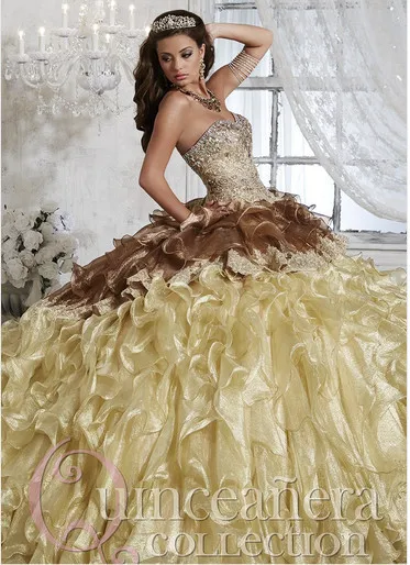 

Brown and Gold Ball Gown Sweet 16 dress 2015 Quinceanera Dresses with Crystal beads Vestidos de 15 anos Bridal gown B022
