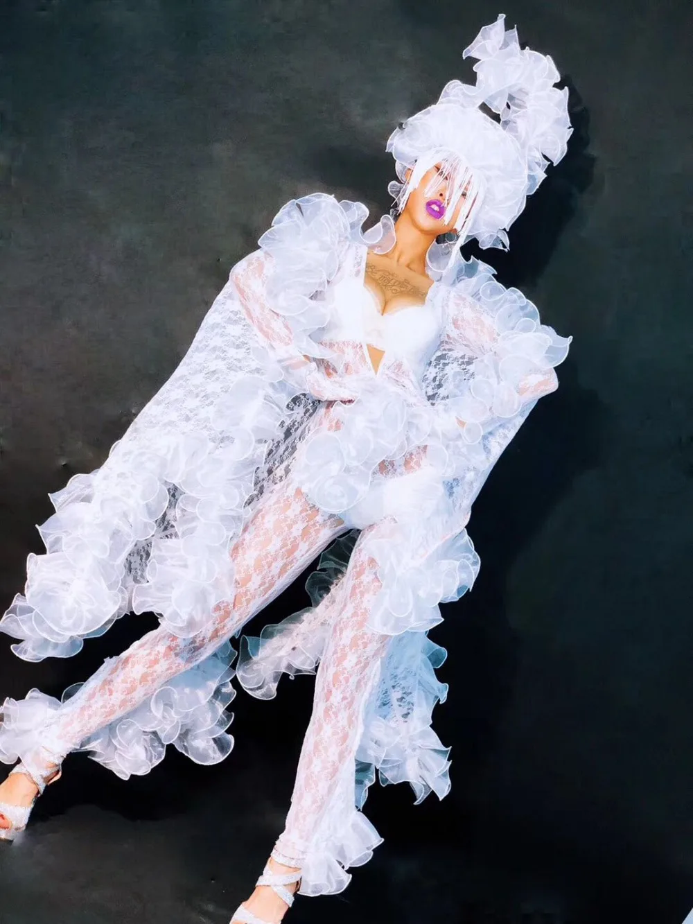 Белый кружевной комбинезон с крылышками, сексуальная прозрачная одежда для сцены, Женский танцевальный командный костюм для выступлений, вечерние танцевальные костюмы для бара и ночного клуба