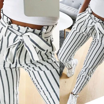 

Spring 2018 Women Pants Autumn Bow Tie White Striped Leisure Pencil Pants Hot Fashion Sweet Striped Ankle Length Pants Belt