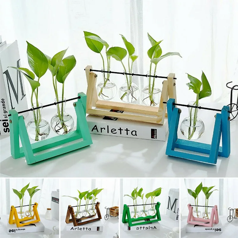

New Hot Hydroponic Glass Planter Bulb Vase with Wooden Stand Tray Tabletop Desk Decor SMD66