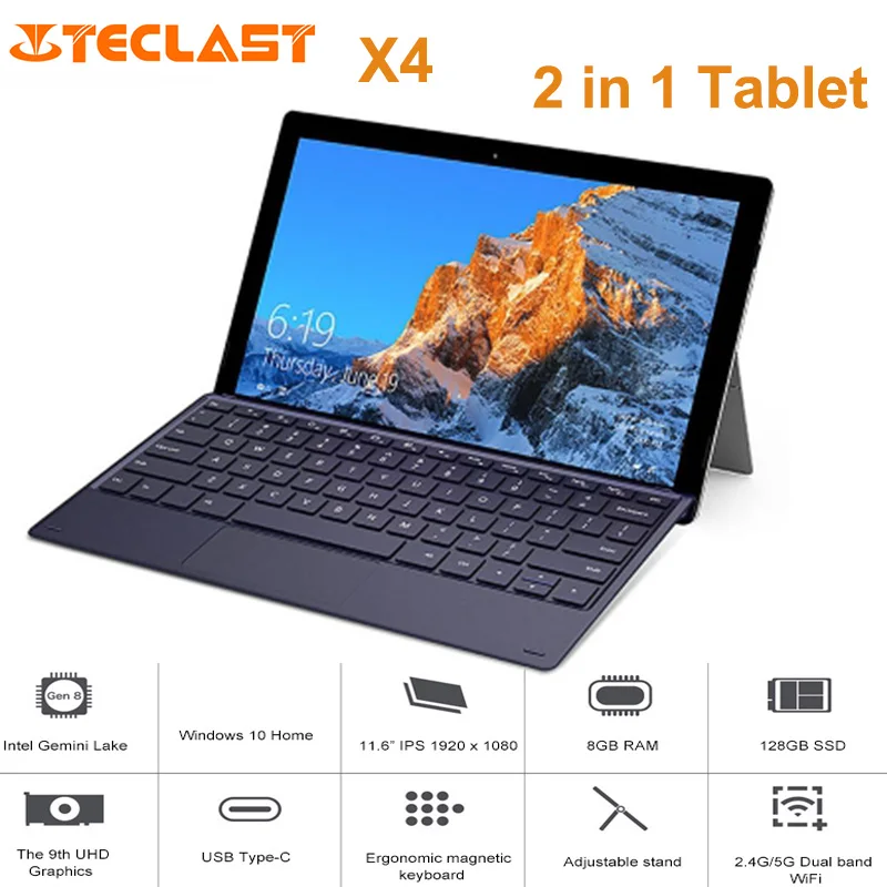 Teclast X4 2 in 1 Tablet PC 11.6 inch Windows 10 Celeron N4100 Quad Core 8GB RAM 128GB SSD Dual Camera HDMI Laptop with Keyboard