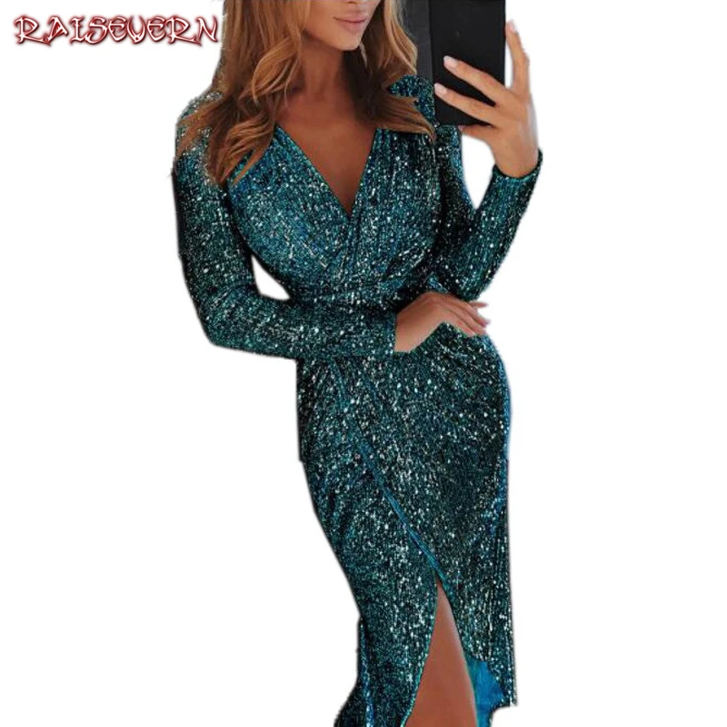 

RAISEVERN Sexy Sequins Dress Summer 2019 Slim V-neck Robe Femme Pencli Dress Vintage Womens Formal Bodycon Party Dress Vestidos